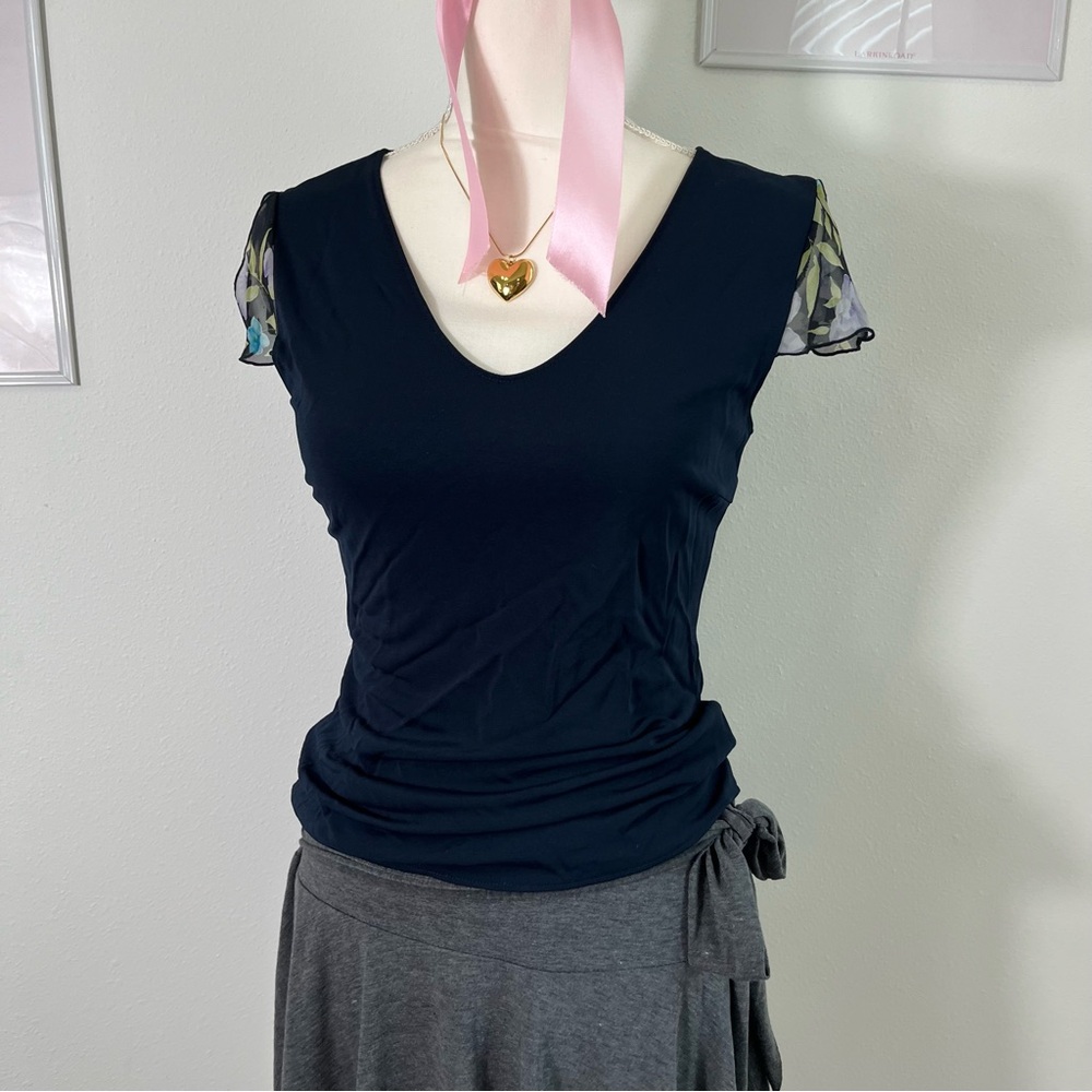 Vintage Y2K Annex Navy Blue Floral Butterfly Sleeve Top Womens Size Small‎ - Picture 2 of 5